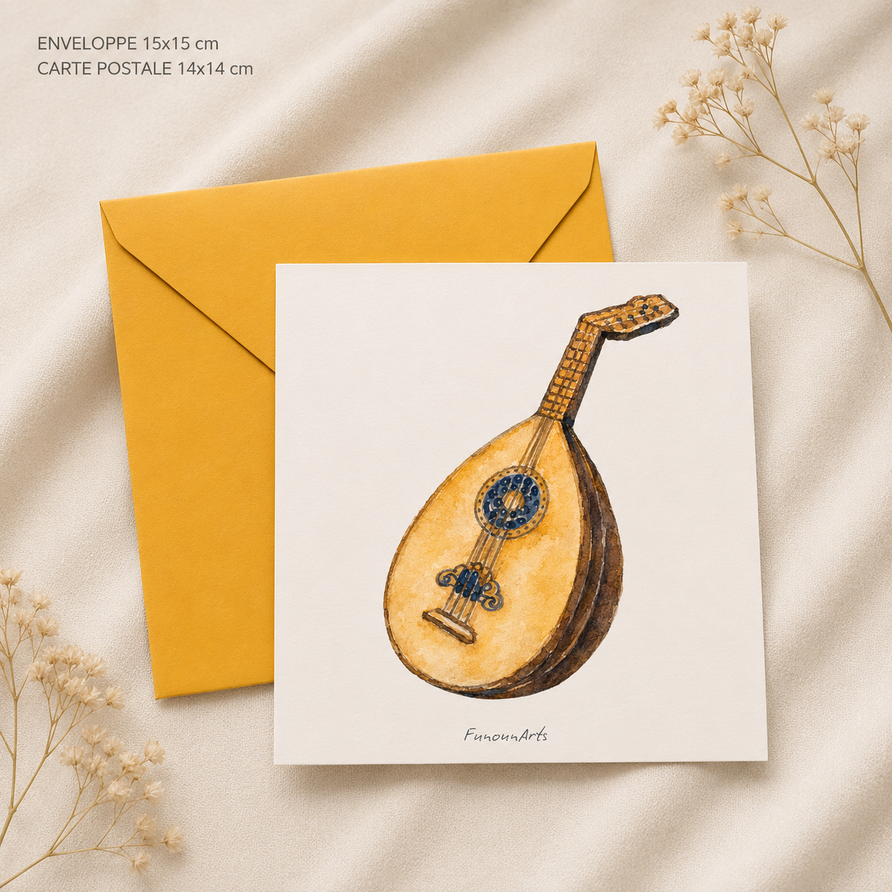 Carte-postale : Luth oriental & son enveloppe jaune